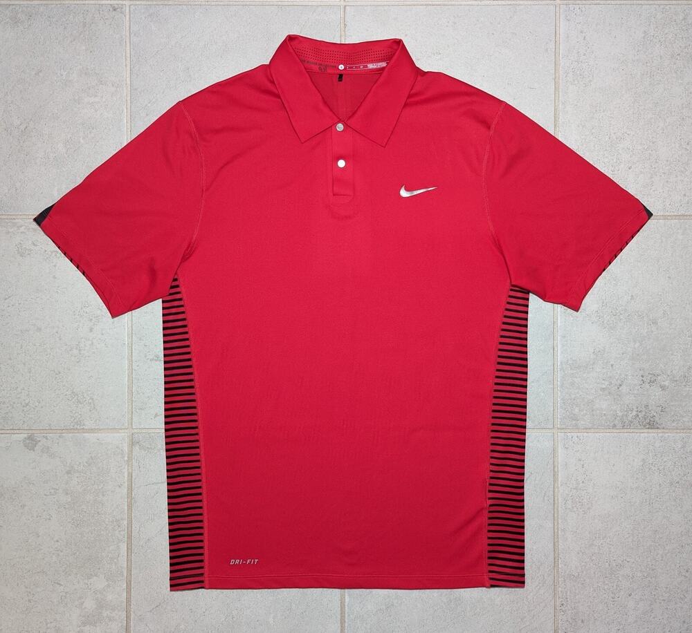 Nike Men's Small Dri Fit Tiger Woods Red Striped Active Golf Short Sleeve Polo